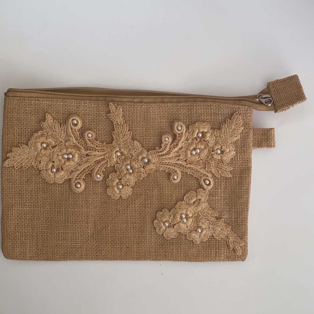 jute tan small bag with faux pearls